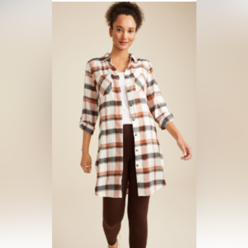 Women’s Maurices Plaid Button Down Duster Long Sleeve Shirt